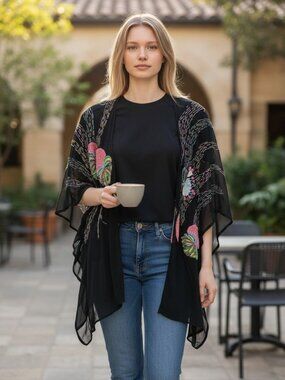 Joolay Silk-Touch Sheer Black Kimono - Hand Beaded & Floral Embroidered Wrap -